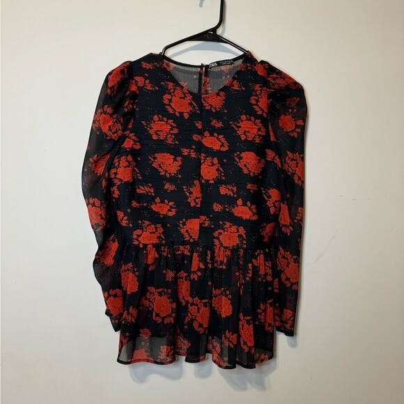 Zara Floral Semi Sheer Chiffon Peplum Top- Size S - Picture 2 of 5